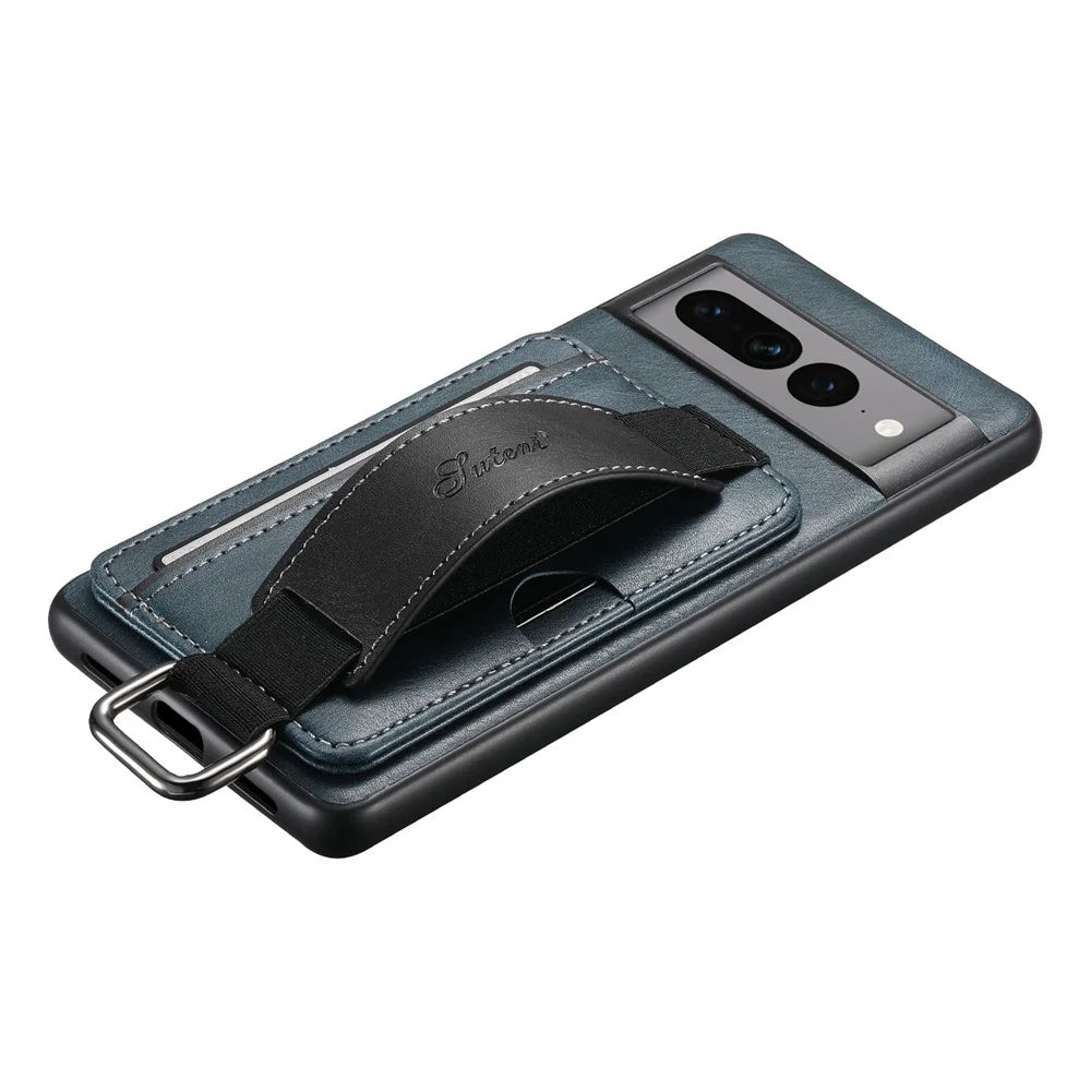 SUTENI H13 Kickstand Back Case for Google Pixel 7 Pro 5G with Hand Strap, Leather Coated PC+TPU Card Holder Phone Cover - Blue - 7
