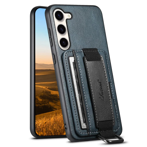 SUTENI H13 Kickstand Back Case for Samsung Galaxy S23 with Hand Strap, Card Holder Leather Coated PC+TPU Phone Cover - Blue - 1