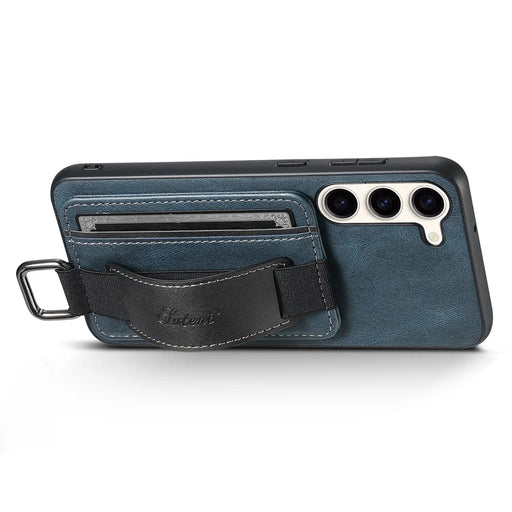 SUTENI H13 Kickstand Back Case for Samsung Galaxy S23 with Hand Strap, Card Holder Leather Coated PC+TPU Phone Cover - Blue - 2