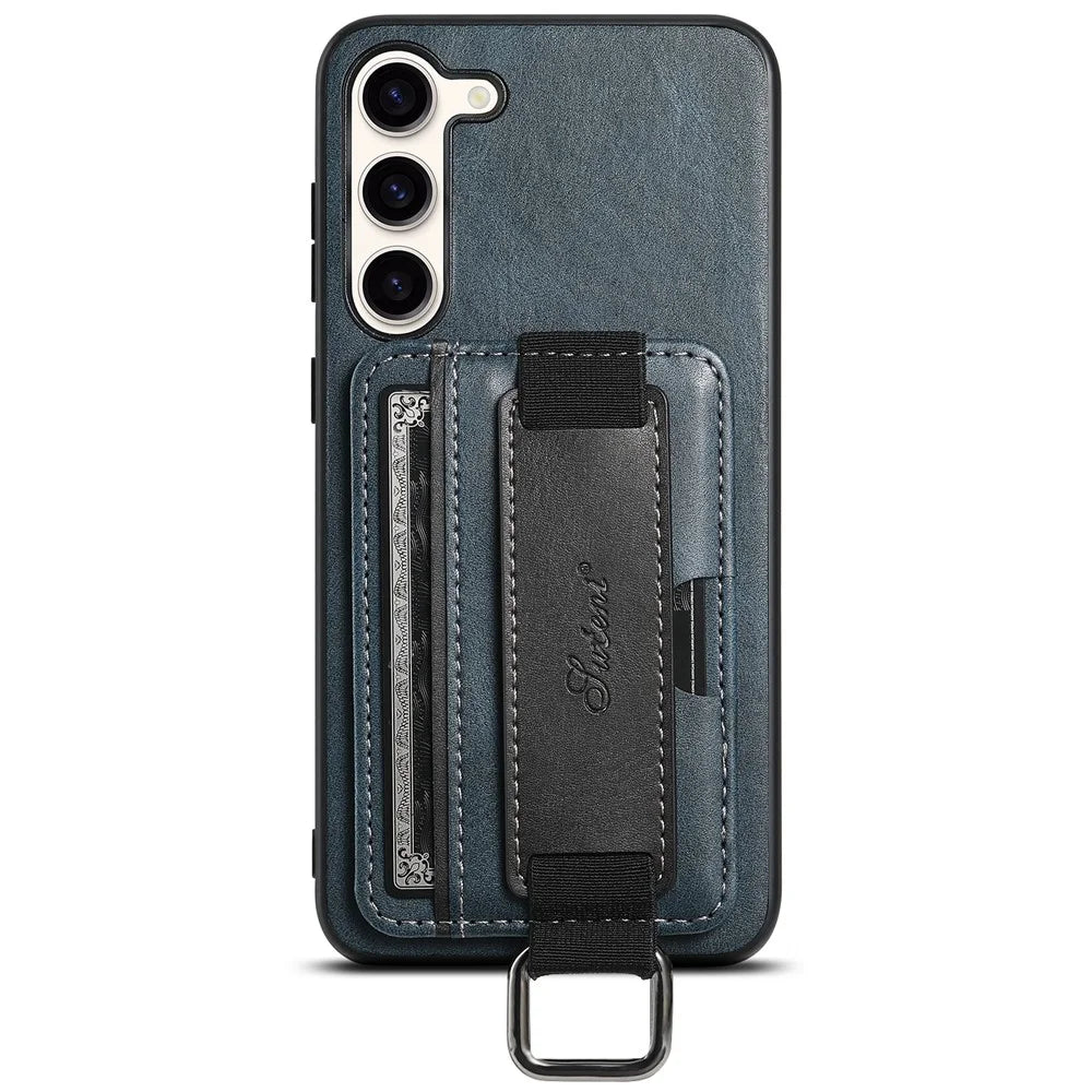 SUTENI H13 Kickstand Back Case for Samsung Galaxy S23 with Hand Strap, Card Holder Leather Coated PC+TPU Phone Cover - Blue - 3