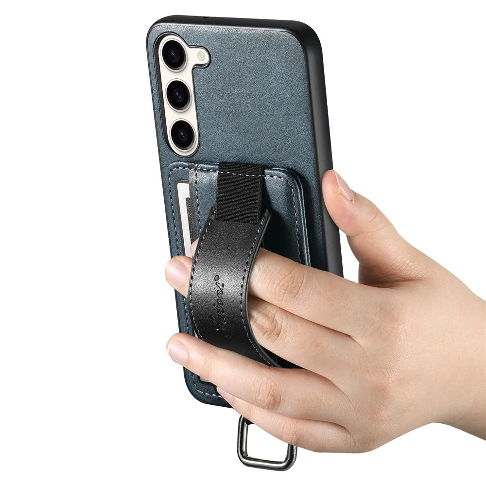 SUTENI H13 Kickstand Back Case for Samsung Galaxy S23 with Hand Strap, Card Holder Leather Coated PC+TPU Phone Cover - Blue - 4