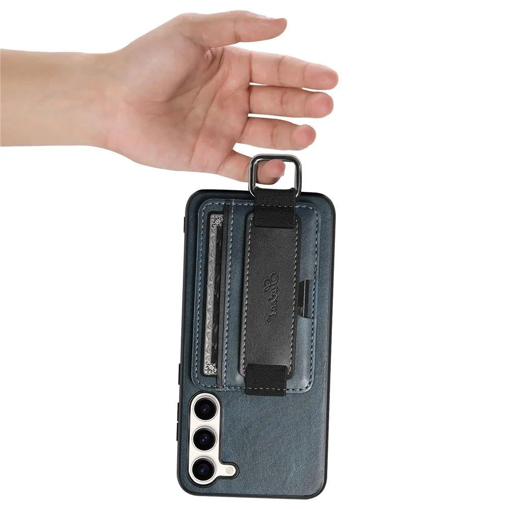 SUTENI H13 Kickstand Back Case for Samsung Galaxy S23 with Hand Strap, Card Holder Leather Coated PC+TPU Phone Cover - Blue - 6