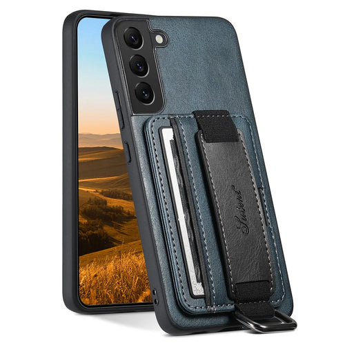SUTENI H13 Back Case for Samsung Galaxy S22+ 5G Card Holder Leather Coated PC+TPU Phone Kickstand Cover with Hand Strap - Blue - 1