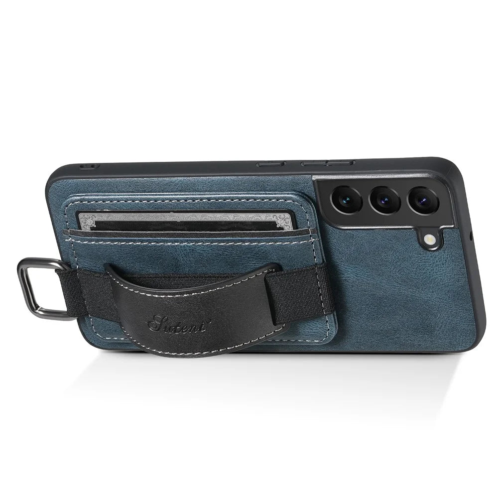 SUTENI H13 Back Case for Samsung Galaxy S22+ 5G Card Holder Leather Coated PC+TPU Phone Kickstand Cover with Hand Strap - Blue - 2