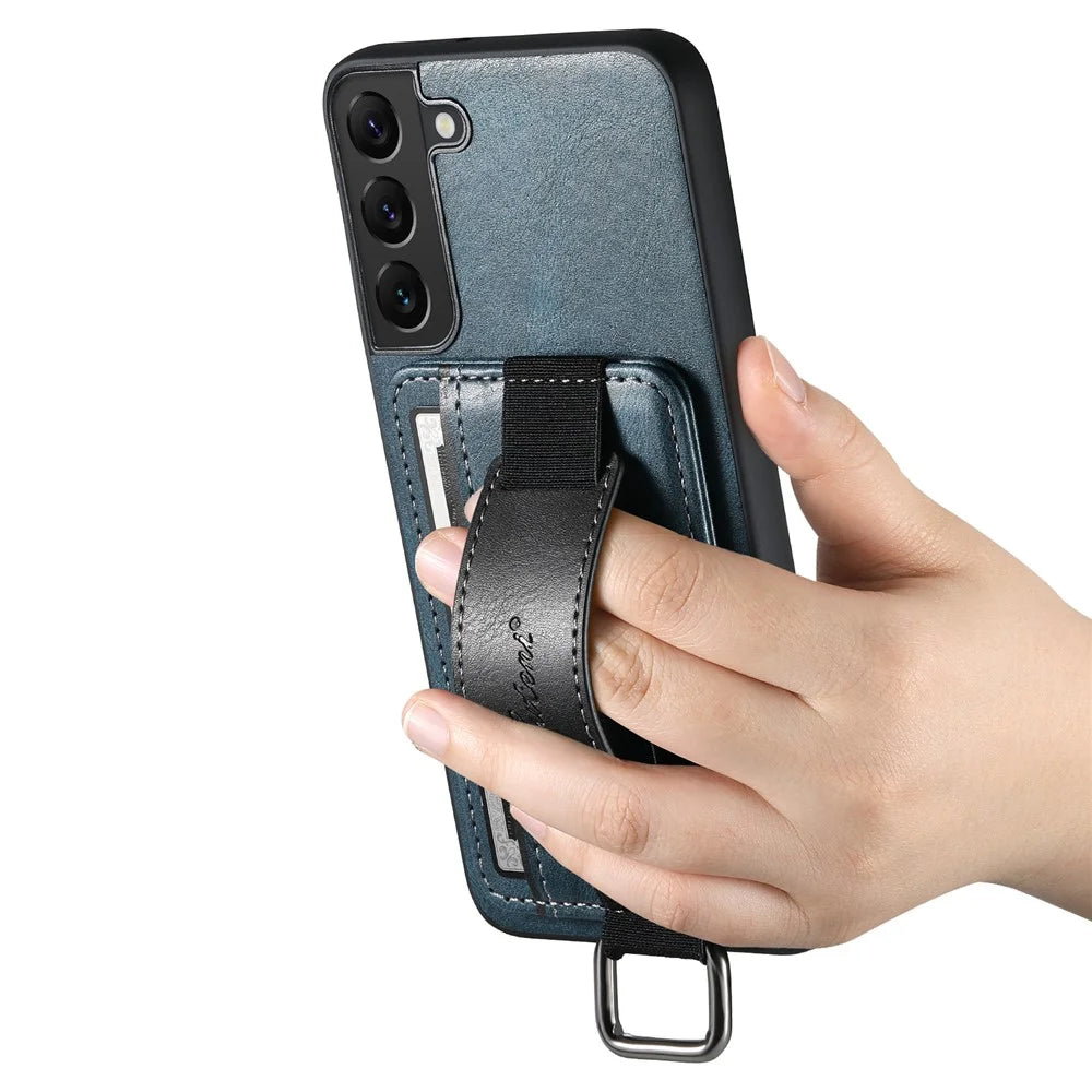 SUTENI H13 Back Case for Samsung Galaxy S22+ 5G Card Holder Leather Coated PC+TPU Phone Kickstand Cover with Hand Strap - Blue - 4