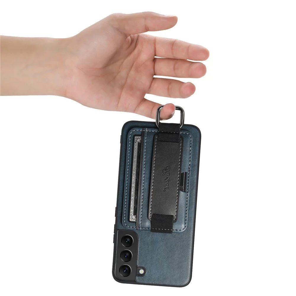 SUTENI H13 Back Case for Samsung Galaxy S22+ 5G Card Holder Leather Coated PC+TPU Phone Kickstand Cover with Hand Strap - Blue - 5