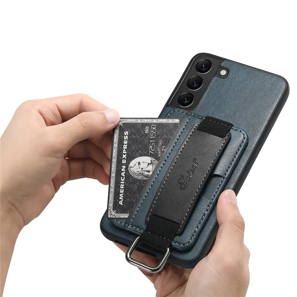 SUTENI H13 Back Case for Samsung Galaxy S22+ 5G Card Holder Leather Coated PC+TPU Phone Kickstand Cover with Hand Strap - Blue - 6