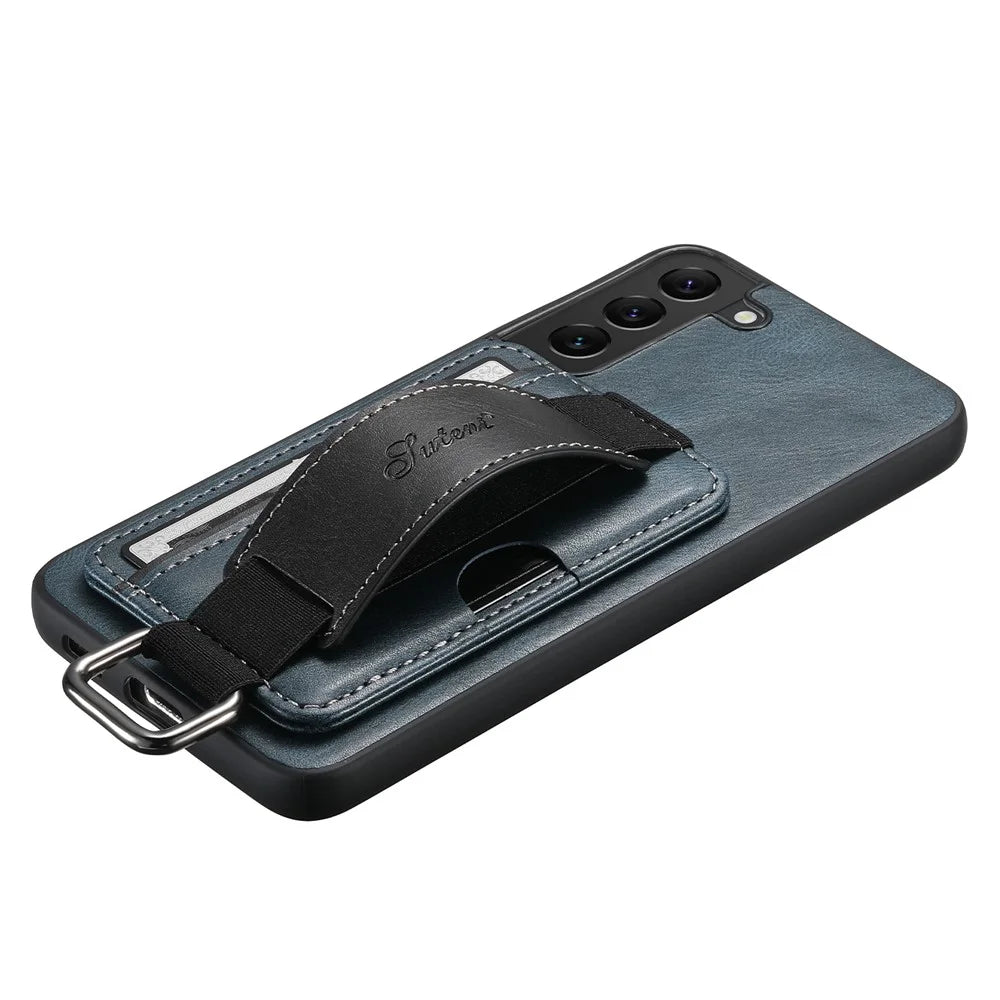 SUTENI H13 Back Case for Samsung Galaxy S22+ 5G Card Holder Leather Coated PC+TPU Phone Kickstand Cover with Hand Strap - Blue - 7