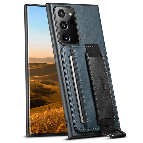 SUTENI H13 For Samsung Galaxy Note20 Ultra / Note20 Ultra 5G Card Holder Case Leather Coated PC+TPU Phone Cover with Kickstand and Hand Strap - Blue - 1
