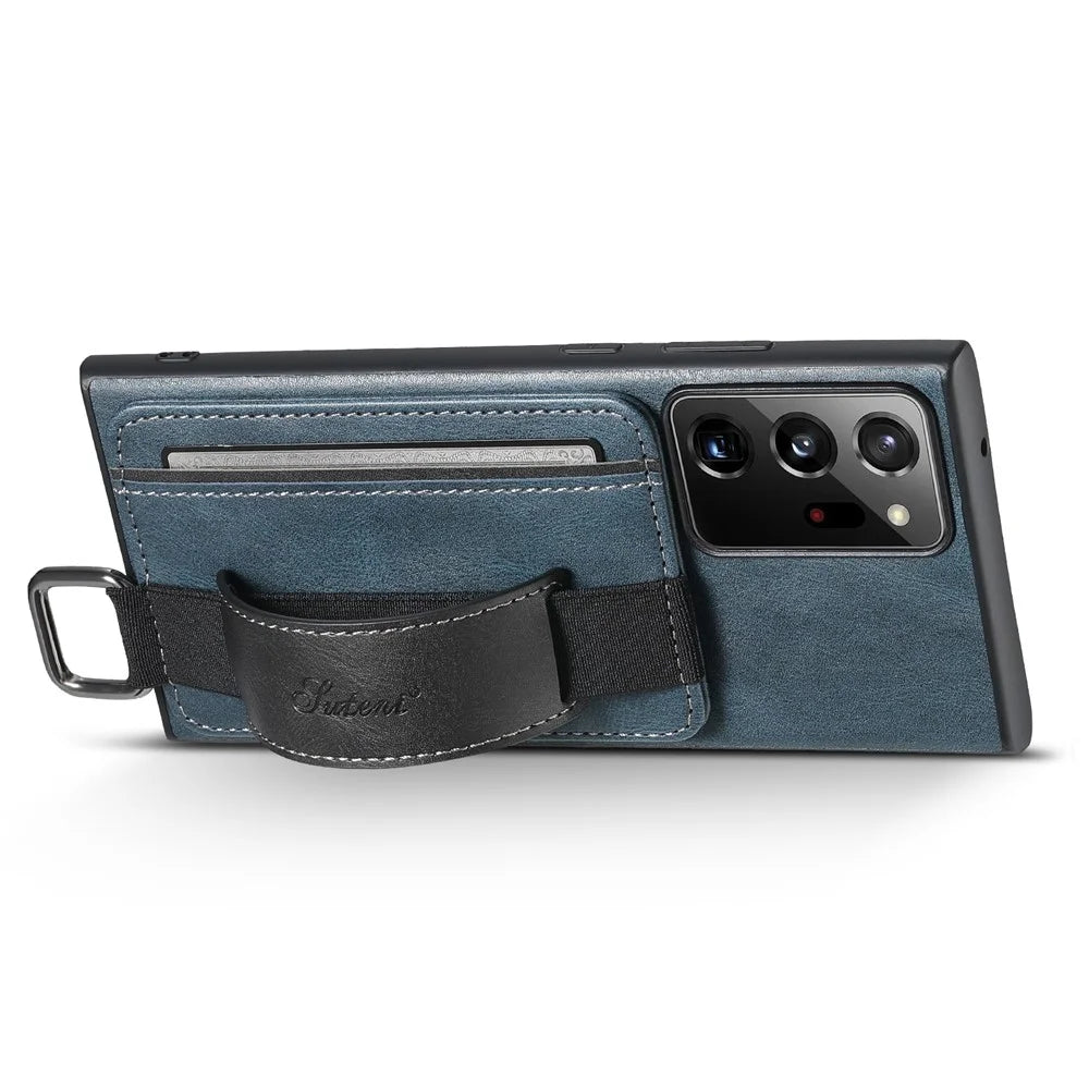 SUTENI H13 For Samsung Galaxy Note20 Ultra / Note20 Ultra 5G Card Holder Case Leather Coated PC+TPU Phone Cover with Kickstand and Hand Strap - Blue - 2