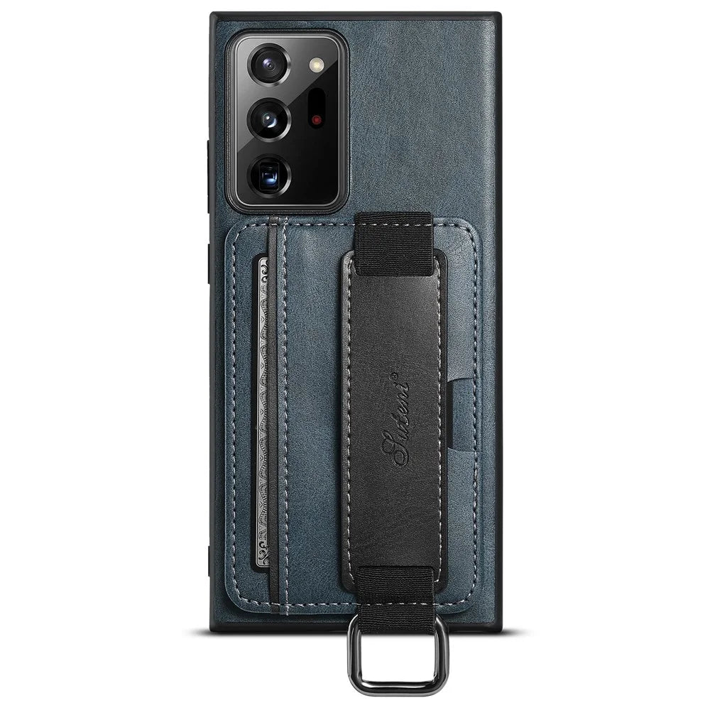 SUTENI H13 For Samsung Galaxy Note20 Ultra / Note20 Ultra 5G Card Holder Case Leather Coated PC+TPU Phone Cover with Kickstand and Hand Strap - Blue - 3