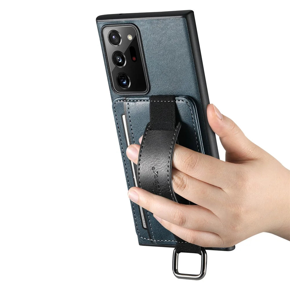 SUTENI H13 For Samsung Galaxy Note20 Ultra / Note20 Ultra 5G Card Holder Case Leather Coated PC+TPU Phone Cover with Kickstand and Hand Strap - Blue - 4