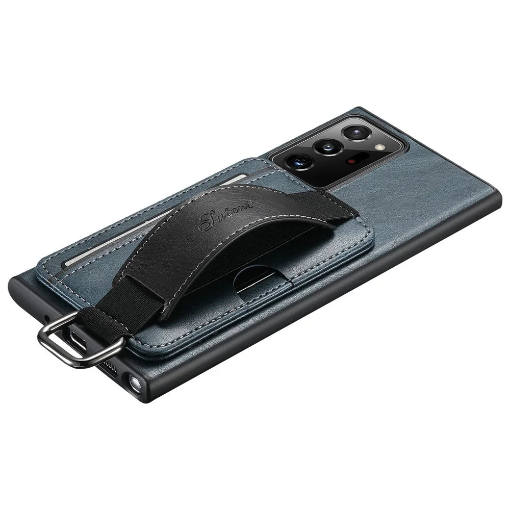 SUTENI H13 For Samsung Galaxy Note20 Ultra / Note20 Ultra 5G Card Holder Case Leather Coated PC+TPU Phone Cover with Kickstand and Hand Strap - Blue - 7