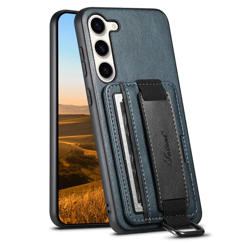 SUTENI H13 For Samsung Galaxy S23+ Card Holder Case Leather Coated PC+TPU Phone Kickstand Cover with Hand Strap - Blue - 1