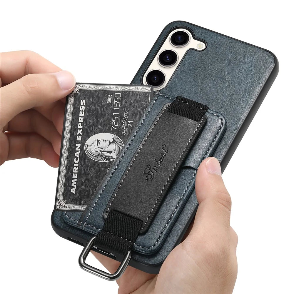SUTENI H13 For Samsung Galaxy S23+ Card Holder Case Leather Coated PC+TPU Phone Kickstand Cover with Hand Strap - Blue - 5
