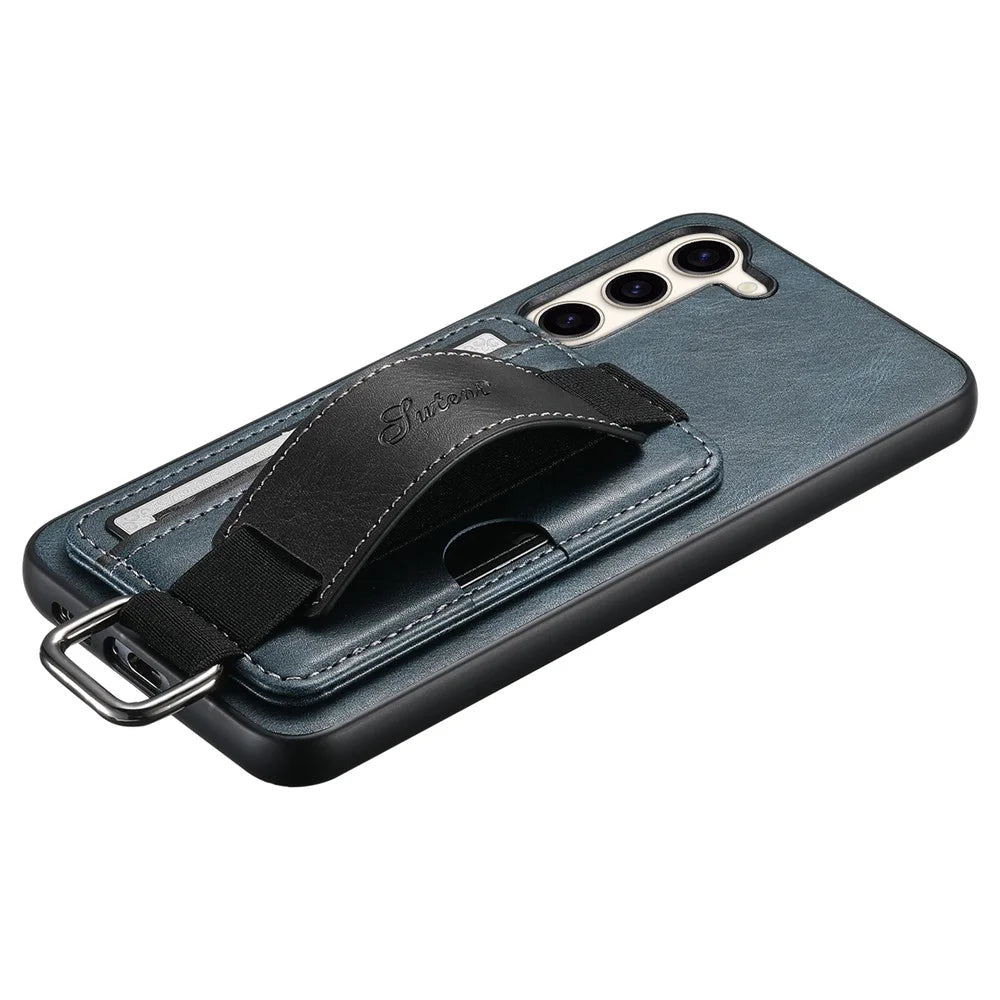 SUTENI H13 For Samsung Galaxy S23+ Card Holder Case Leather Coated PC+TPU Phone Kickstand Cover with Hand Strap - Blue - 7