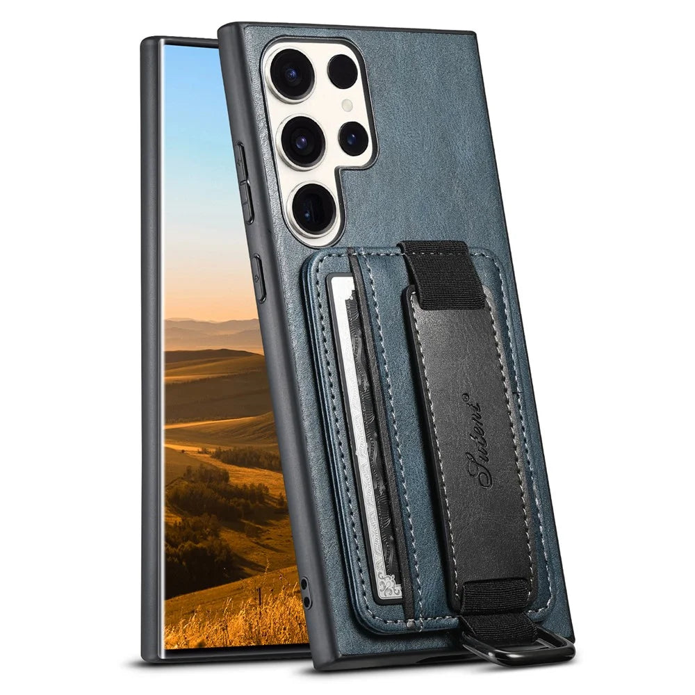 SUTENI H13 For Samsung Galaxy S22 Ultra 5G Card Holder Case Kickstand Leather Coated PC+TPU Phone Cover with Hand Strap - Blue - 1