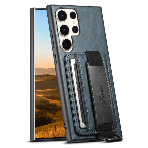 SUTENI H13 For Samsung Galaxy S22 Ultra 5G Card Holder Case Kickstand Leather Coated PC+TPU Phone Cover with Hand Strap - Blue - 1
