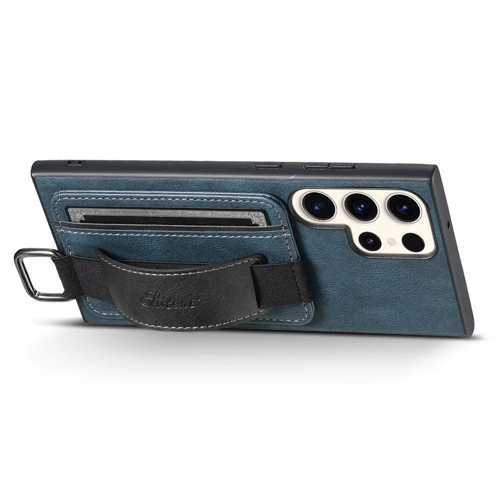 SUTENI H13 For Samsung Galaxy S22 Ultra 5G Card Holder Case Kickstand Leather Coated PC+TPU Phone Cover with Hand Strap - Blue - 2