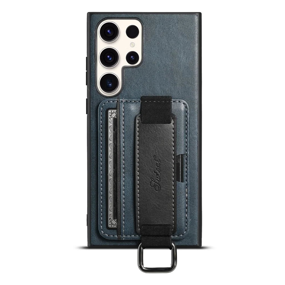 SUTENI H13 For Samsung Galaxy S22 Ultra 5G Card Holder Case Kickstand Leather Coated PC+TPU Phone Cover with Hand Strap - Blue - 3