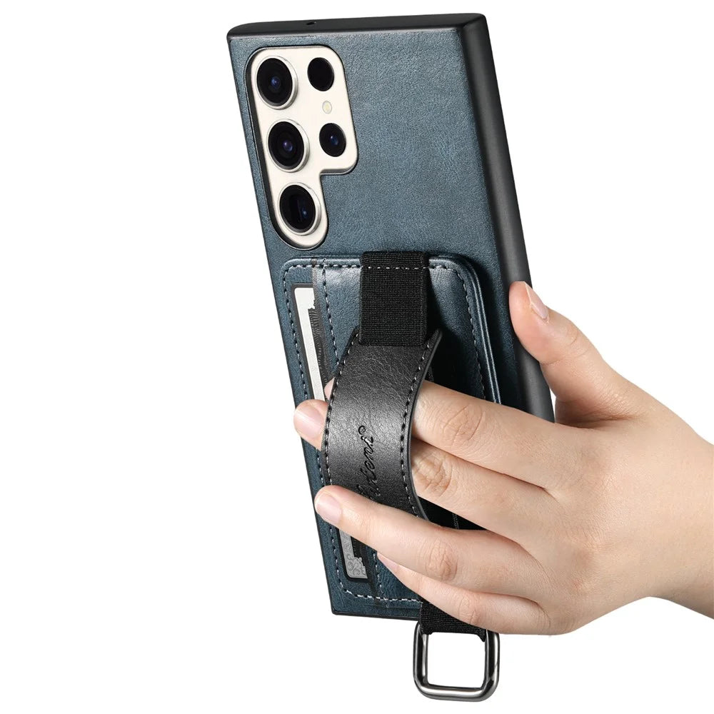 SUTENI H13 For Samsung Galaxy S22 Ultra 5G Card Holder Case Kickstand Leather Coated PC+TPU Phone Cover with Hand Strap - Blue - 4