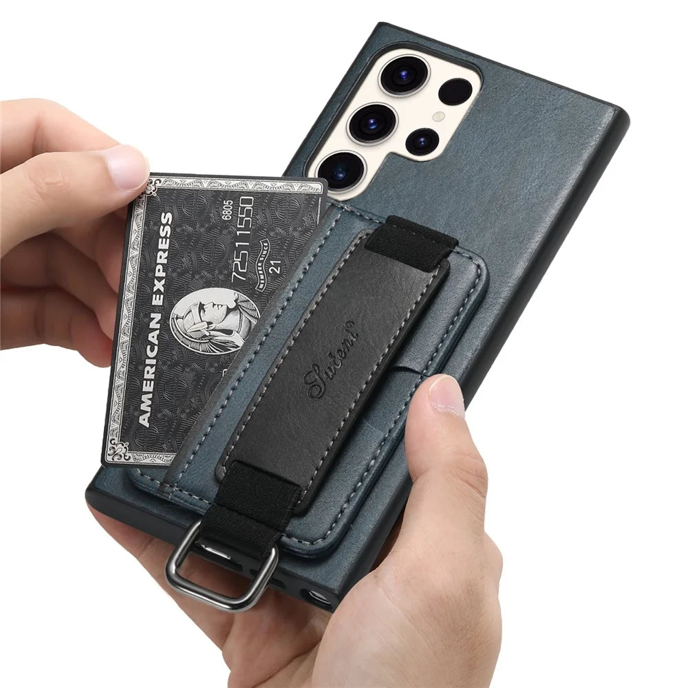 SUTENI H13 For Samsung Galaxy S22 Ultra 5G Card Holder Case Kickstand Leather Coated PC+TPU Phone Cover with Hand Strap - Blue - 5