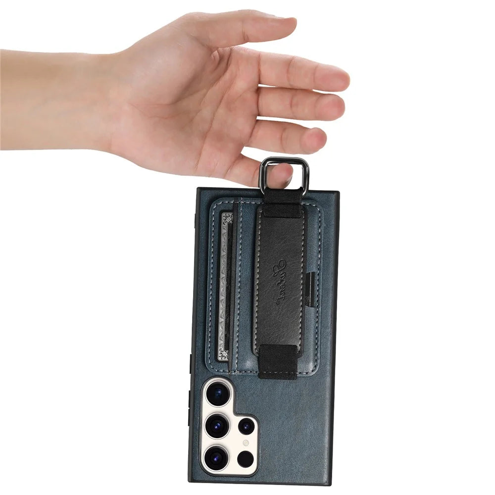 SUTENI H13 For Samsung Galaxy S22 Ultra 5G Card Holder Case Kickstand Leather Coated PC+TPU Phone Cover with Hand Strap - Blue - 6