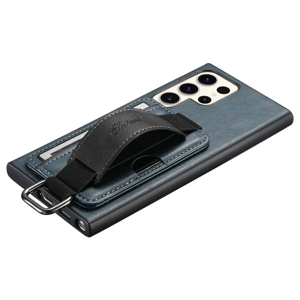 SUTENI H13 For Samsung Galaxy S22 Ultra 5G Card Holder Case Kickstand Leather Coated PC+TPU Phone Cover with Hand Strap - Blue - 7