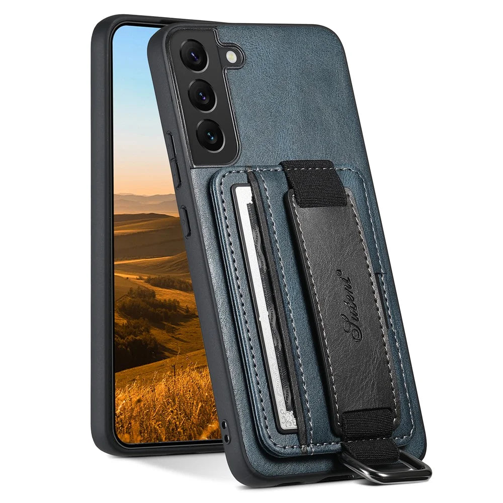 SUTENI H13 For Samsung Galaxy S22 5G Card Holder Leather Coated PC+TPU Case with Hand Strap Kickstand Phone Cover - Blue - 1