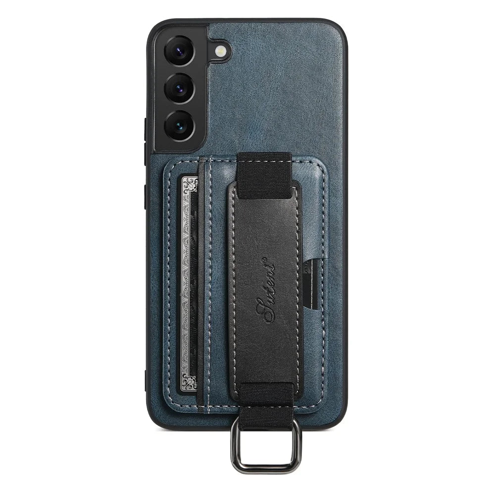 SUTENI H13 For Samsung Galaxy S22 5G Card Holder Leather Coated PC+TPU Case with Hand Strap Kickstand Phone Cover - Blue - 3