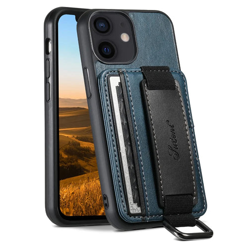 SUTENI H13 For iPhone 12 mini 5.4 inch Card Holder Case with Hand Strap Kickstand Leather Coated PC+TPU Phone Cover - Blue - 1