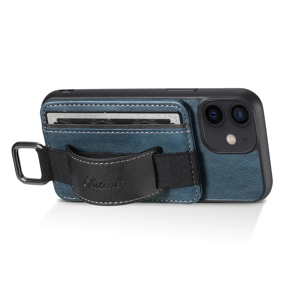 SUTENI H13 For iPhone 12 mini 5.4 inch Card Holder Case with Hand Strap Kickstand Leather Coated PC+TPU Phone Cover - Blue - 2