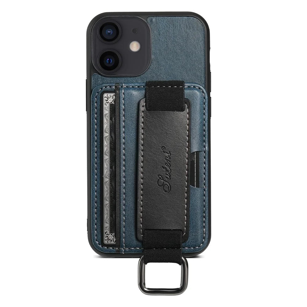 SUTENI H13 For iPhone 12 mini 5.4 inch Card Holder Case with Hand Strap Kickstand Leather Coated PC+TPU Phone Cover - Blue - 3