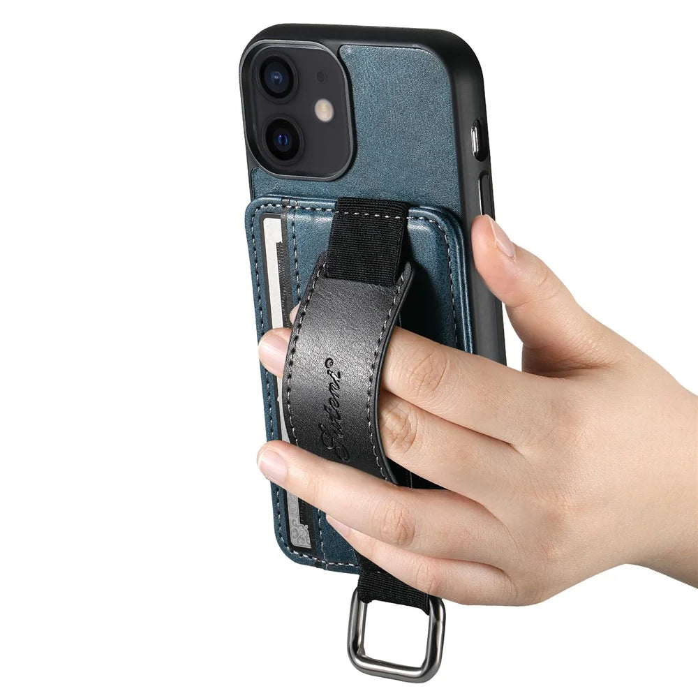 SUTENI H13 For iPhone 12 mini 5.4 inch Card Holder Case with Hand Strap Kickstand Leather Coated PC+TPU Phone Cover - Blue - 4