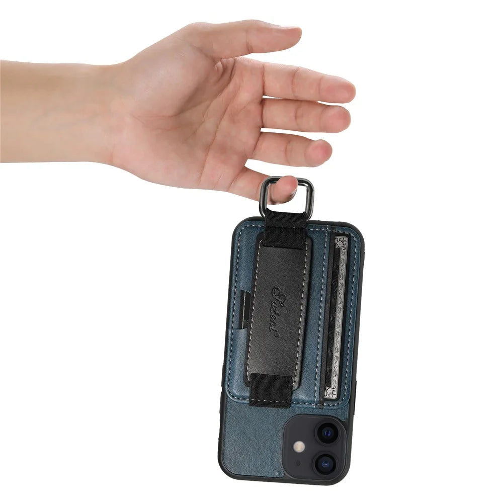 SUTENI H13 For iPhone 12 mini 5.4 inch Card Holder Case with Hand Strap Kickstand Leather Coated PC+TPU Phone Cover - Blue - 5