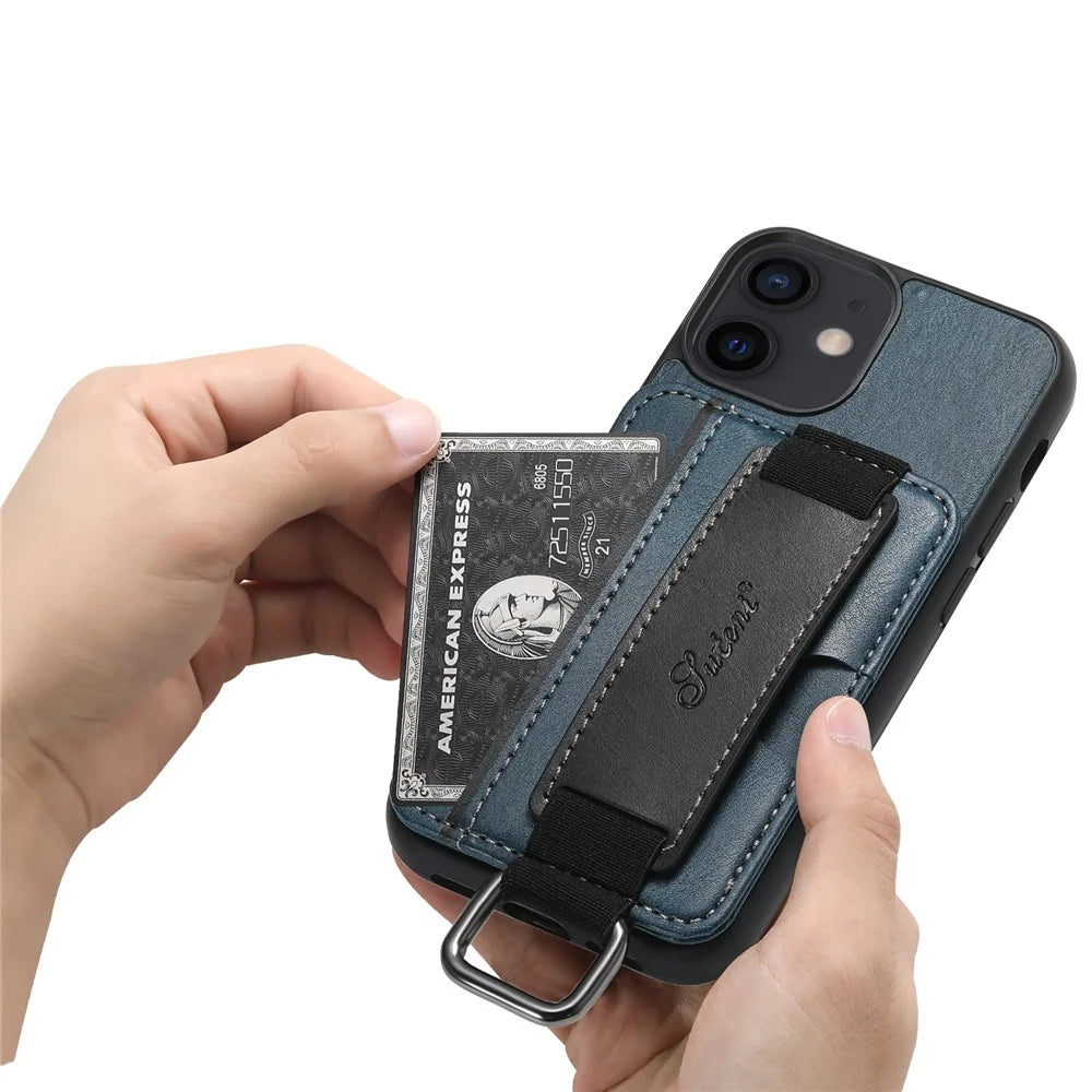 SUTENI H13 For iPhone 12 mini 5.4 inch Card Holder Case with Hand Strap Kickstand Leather Coated PC+TPU Phone Cover - Blue - 6