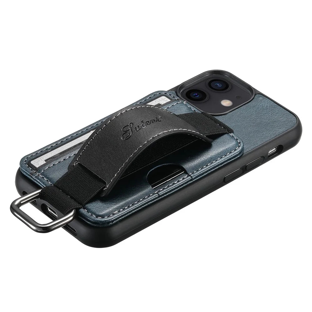 SUTENI H13 For iPhone 12 mini 5.4 inch Card Holder Case with Hand Strap Kickstand Leather Coated PC+TPU Phone Cover - Blue - 7