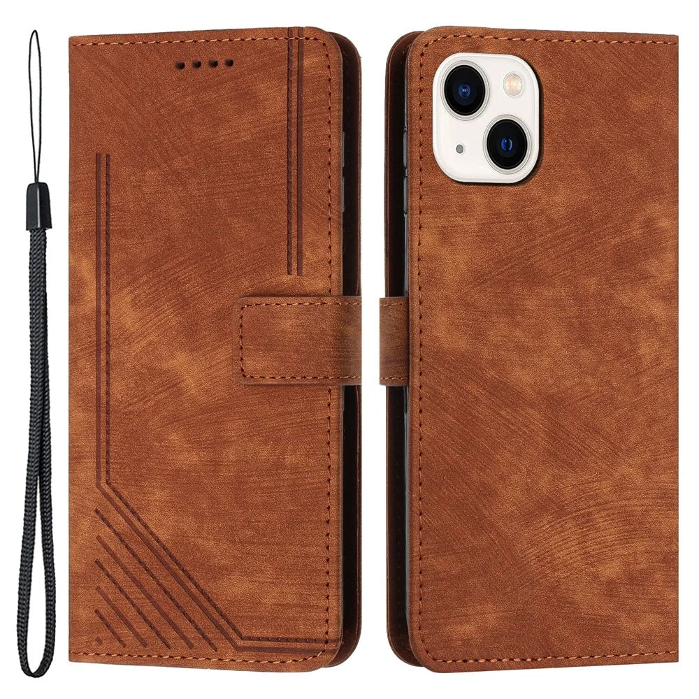 For iPhone 14 / 13 Stand Leather Phone Case Skin-touch Lines Imprinted Wallet Cover - Brown - 1