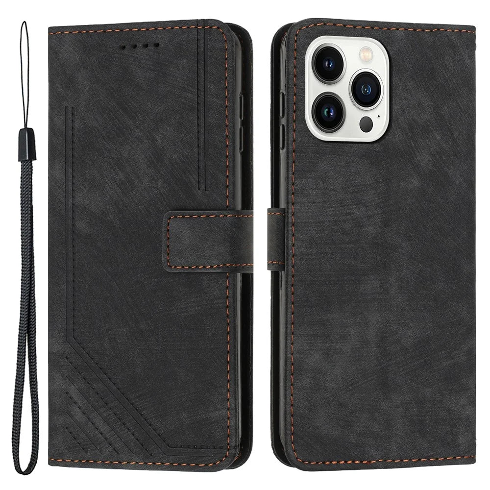 For iPhone 13 Pro Leather Stand Wallet Phone Case Skin-touch Lines Imprinted Phone Cover - Black - 1