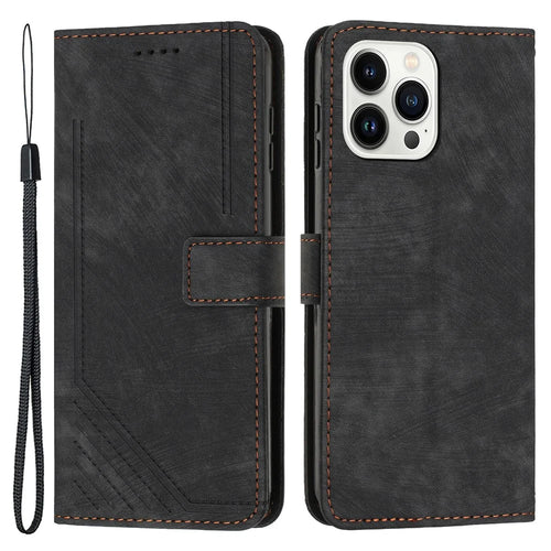 For iPhone 13 Pro Leather Stand Wallet Phone Case Skin-touch Lines Imprinted Phone Cover - Black - 1