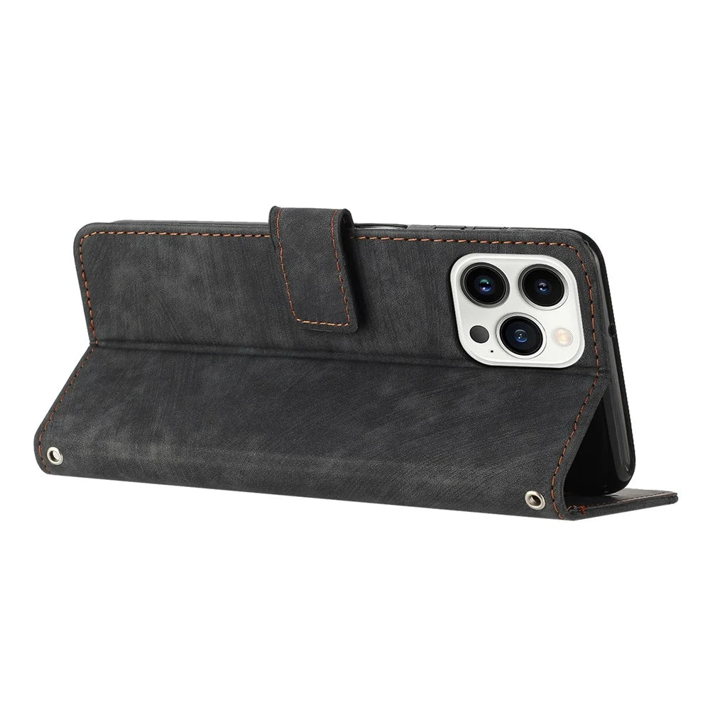 For iPhone 13 Pro Leather Stand Wallet Phone Case Skin-touch Lines Imprinted Phone Cover - Black - 3