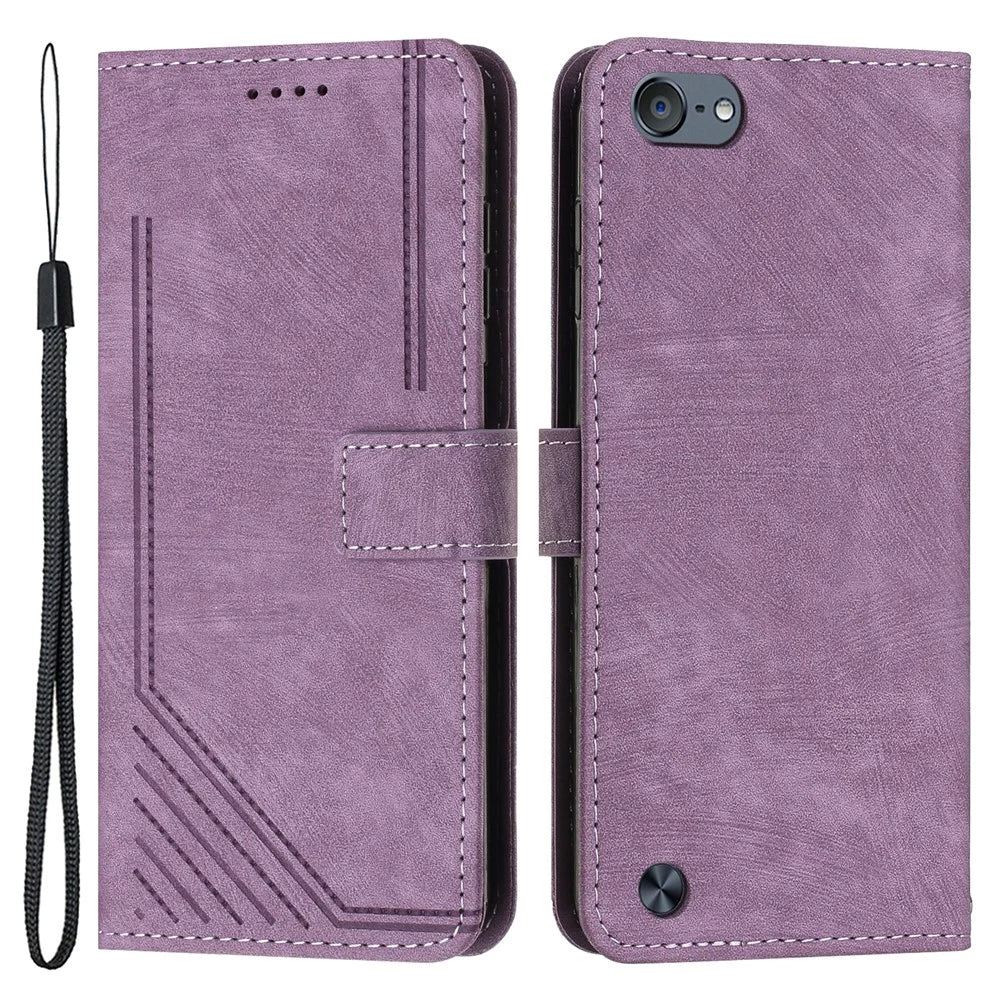 For iPod Touch 5 / 6 / (2019) Phone Case PU Leather Stand Wallet Skin-touch Lines Imprinted Cover - Purple - 1
