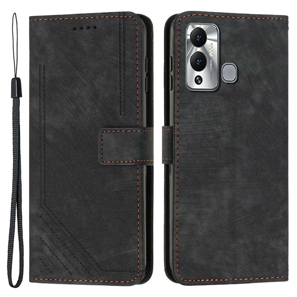 For Infinix Hot 12 Play 4G Skin-Touch Wallet Phone Case Lines Imprinted Leather Stand Cover - Black - 1