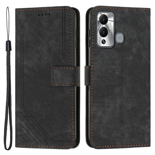 For Infinix Hot 12 Play 4G Skin-Touch Wallet Phone Case Lines Imprinted Leather Stand Cover - Black - 1