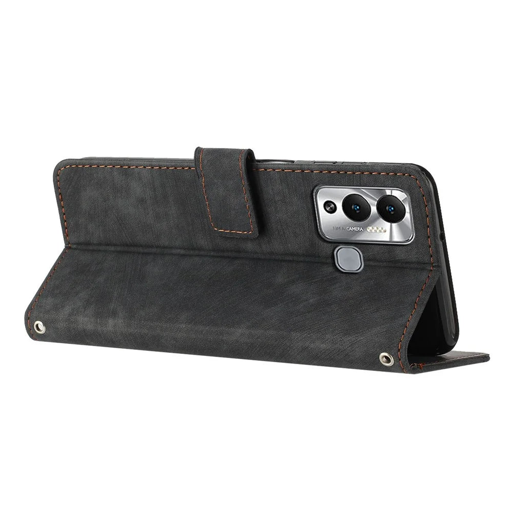 For Infinix Hot 12 Play 4G Skin-Touch Wallet Phone Case Lines Imprinted Leather Stand Cover - Black - 3