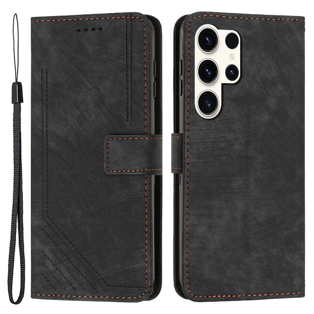 For Samsung Galaxy S23 Ultra Protective Wallet Case Skin-Touch Lines Imprinted PU Leather Phone Cover - Black - 1