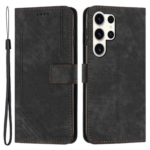 For Samsung Galaxy S23 Ultra Protective Wallet Case Skin-Touch Lines Imprinted PU Leather Phone Cover - Black - 1