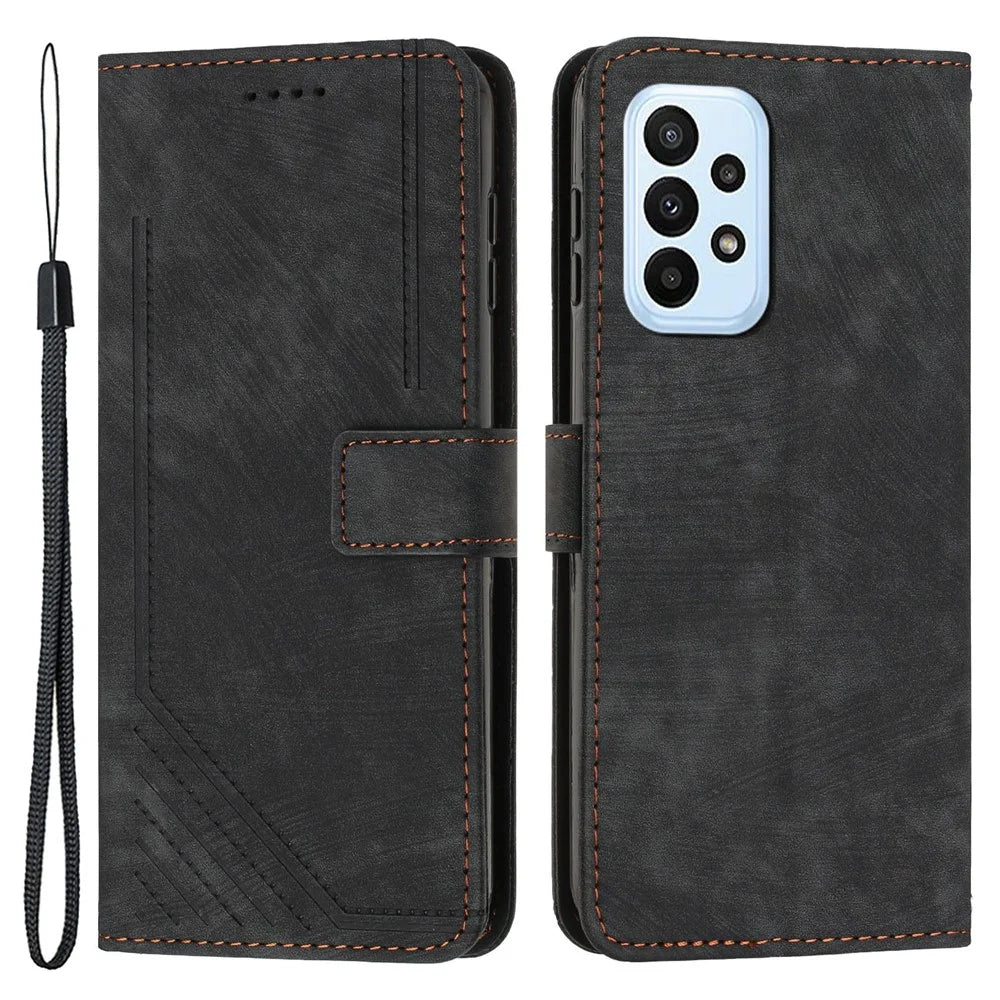For Samsung Galaxy A52s 5G / A52 4G / 5G Lines Imprinted PU Leather Case Skin-Touch Wallet Phone Cover - Black - 1