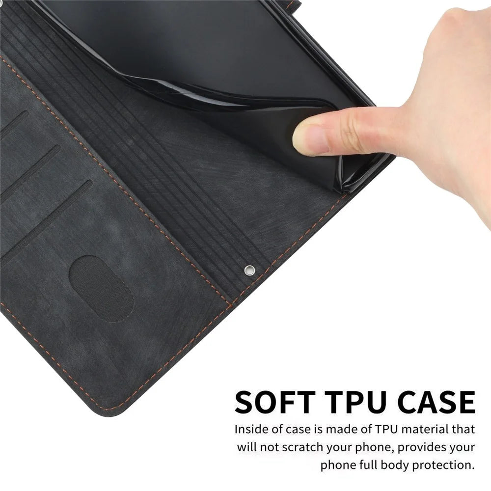 Shockproof Case for Samsung Galaxy A53 5G Skin-Touch Wallet Phone Case Lines Imprinted PU Leather Cover - Black - 6