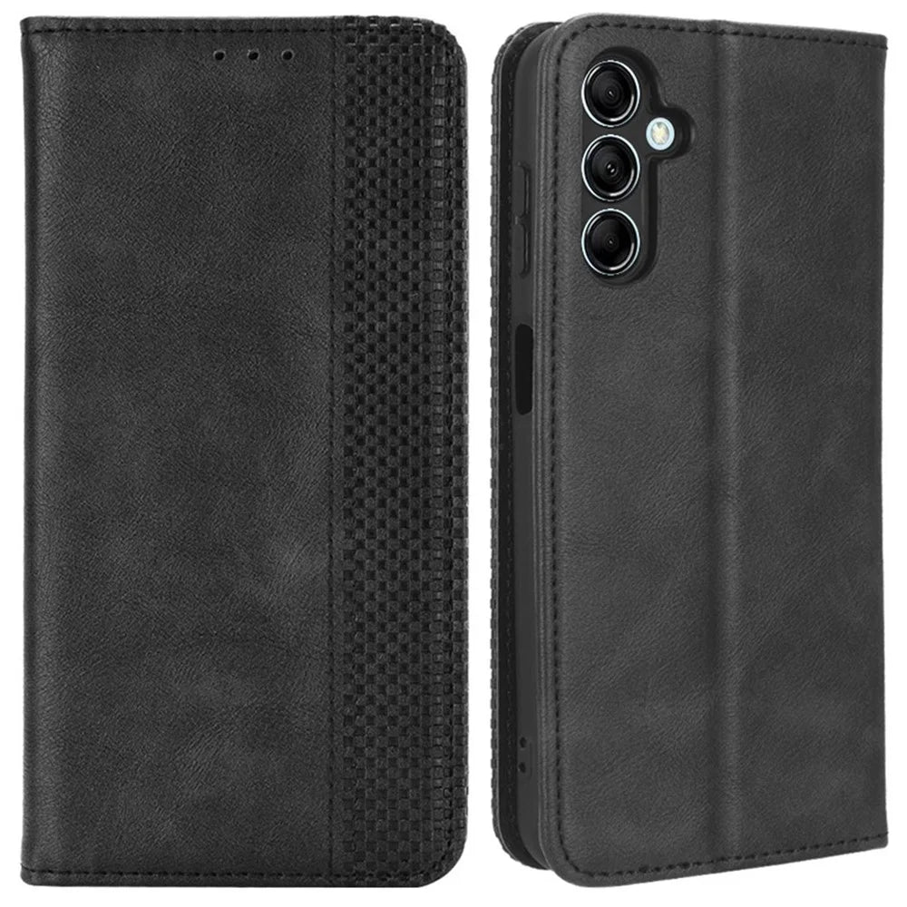 For Samsung Galaxy M14 5G Retro Phone Case PU Leather Phone Stand Wallet Protective Cover - Black - 1